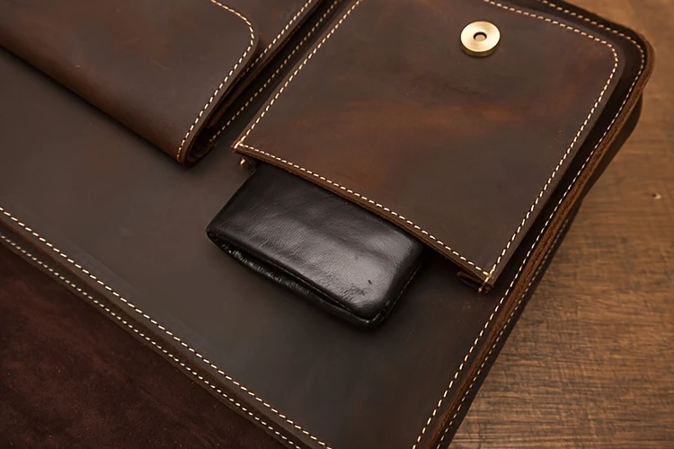 mens vintage style genuine leather messenger bag with adjustable strap casual handcrafted crossbody satchel with multiple pockets scratch repairable daily accessory details 10