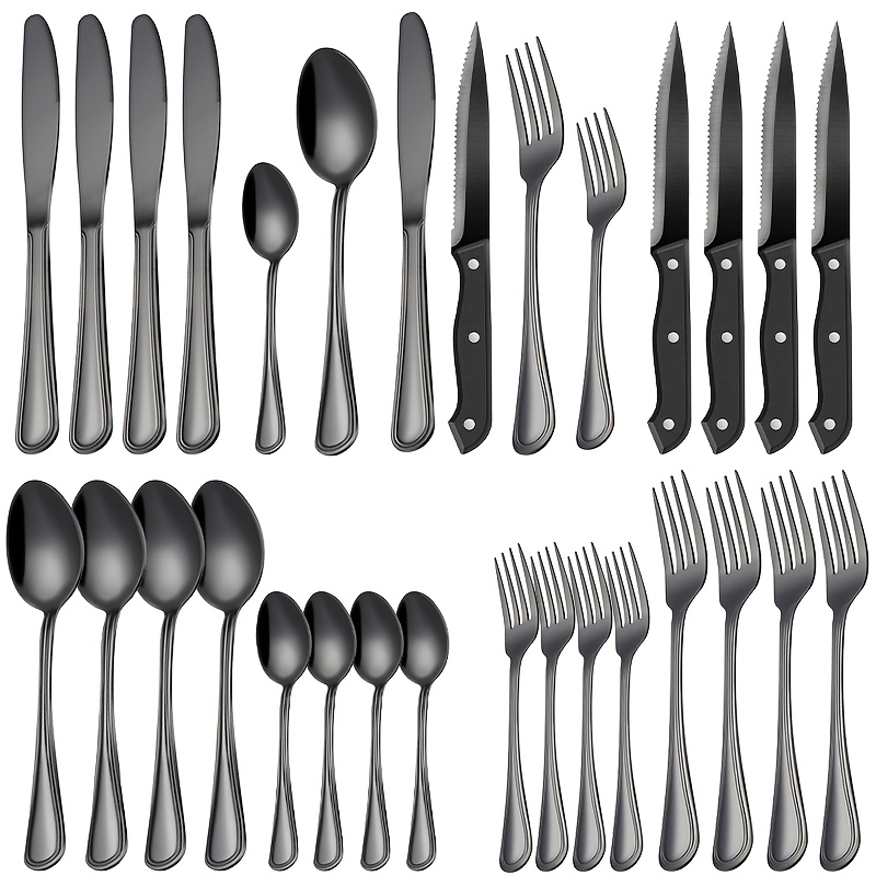 

Silverware Set, 24pcs Black Silverware Set With Steak Knives Stainless Steel Cutlery Set For 4 Includes Knives Forks And Spoons Kitchen Silverware Sets For Home, Mirror Polished & Dishwasher Safe