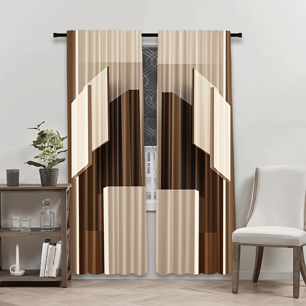 2pcs Cortinas Bege com Padrão de Bloco Geométrico - Design de Bolso de Varão 4