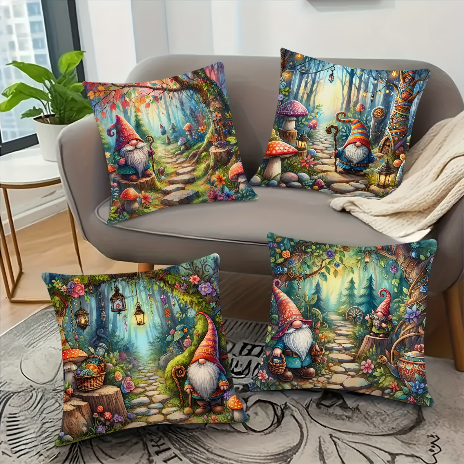 

4pcs Whimsical Gnome Forest Plush Pillow Covers, 18x18 Inches, Zippered Single-side Print With Vibrant Mushroom & , & Bedroom Decor, Machine Washable Polyester, Gnome Garden Decor