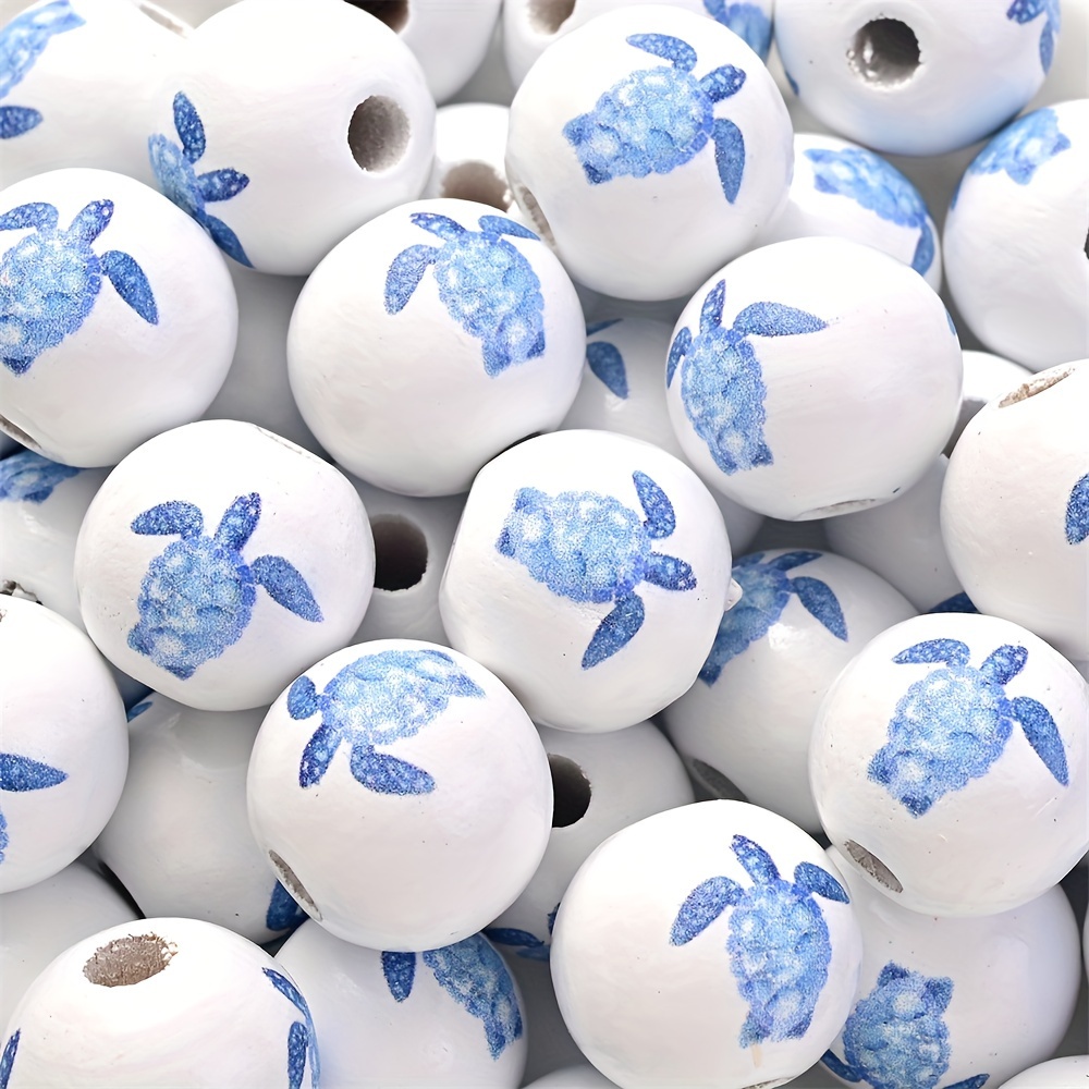 Image of 10pcs/set Ocean Theme Wood Beads For Crafts Random Color Wooden Beads With Holes Blue Nautical Beads Starfish Conch Seashell Round Spacer Beads Polished For Beach Party Decor