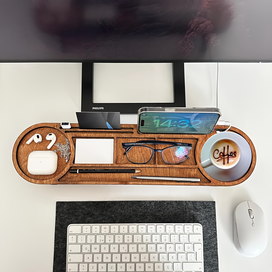 1pc wooden desk organizer with multiple compartments compact office storage for pens fashion glasses phone keyboard tray durable wood desktop organizer perfect gift for father s day christmas birthdays office supplies and accessories for desk   organization   natural     0
