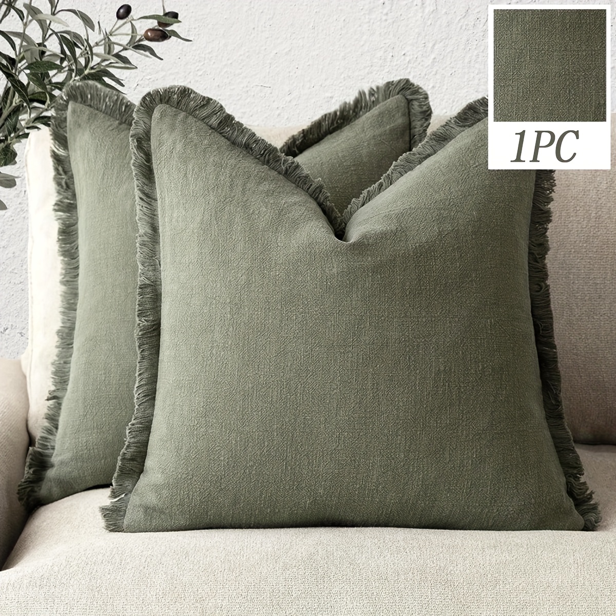 

1pc Soft & Cozy Green Linen- Pillow Cover 18x18" - Bohemian Farmhouse Style, Zippered Polyester Cushion Case For Sofa & Bed, Hand Washable, Home Decor, Throw Pillows For Couch