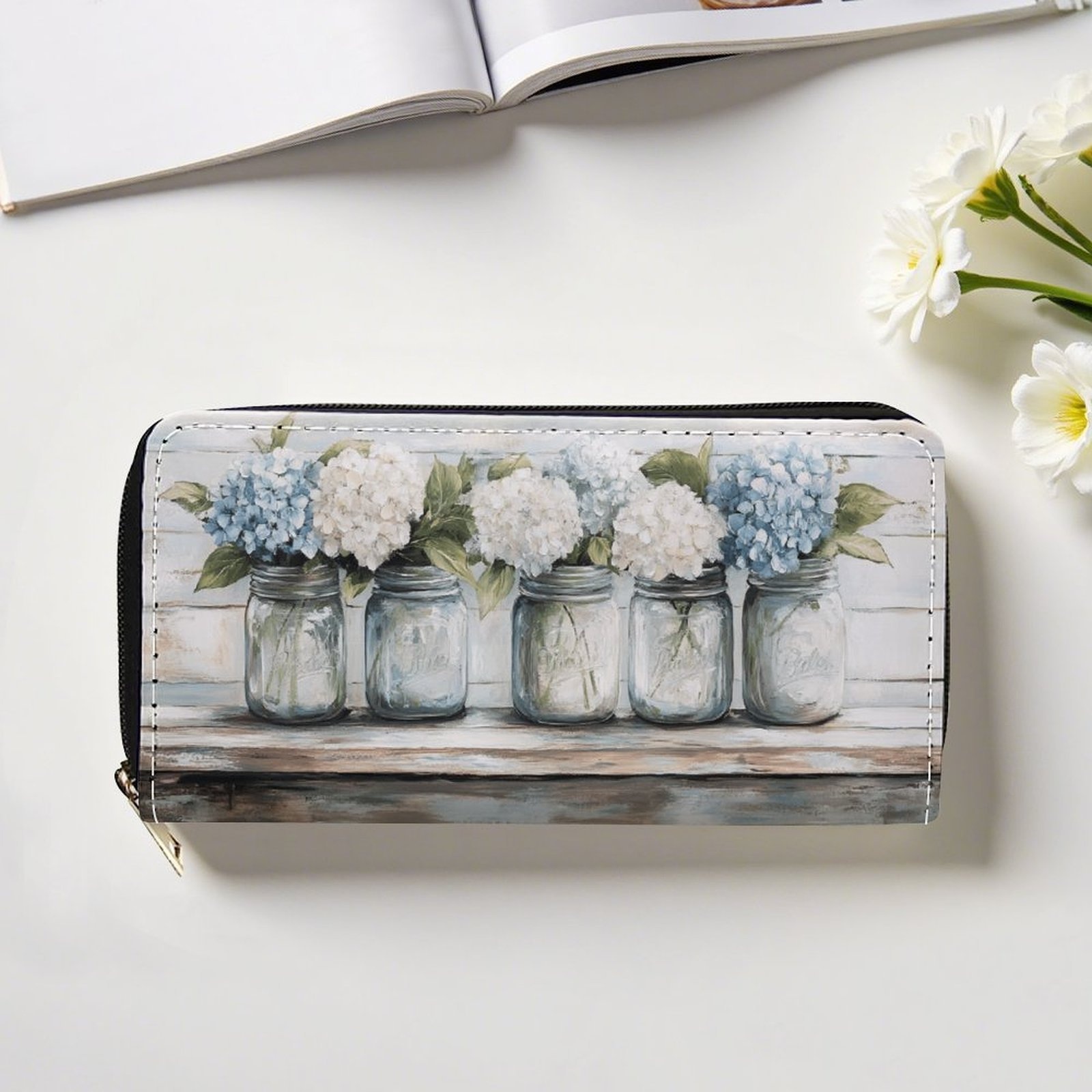 1pc Women s & Men s     Wallet - Zippered Long Wallet with Card Holder & Coin Pocket, Double-Sided Mason Jar & Hydrangea Design, Golden-Tone Hardware, Zipper Closure, Multi-Functional Wallet with Card Slots & Zippered Pocket, Ideal Gift (Blue/Grey/Beige) - Durable & Easy-Clean, Wet Wipe Clean, No Lining, Secure Zipper Closure, Stylish Purse, Clutch Wallet For Women, Zippered Wallets, Wallet For Women Long, High Quality Wallet For Women,