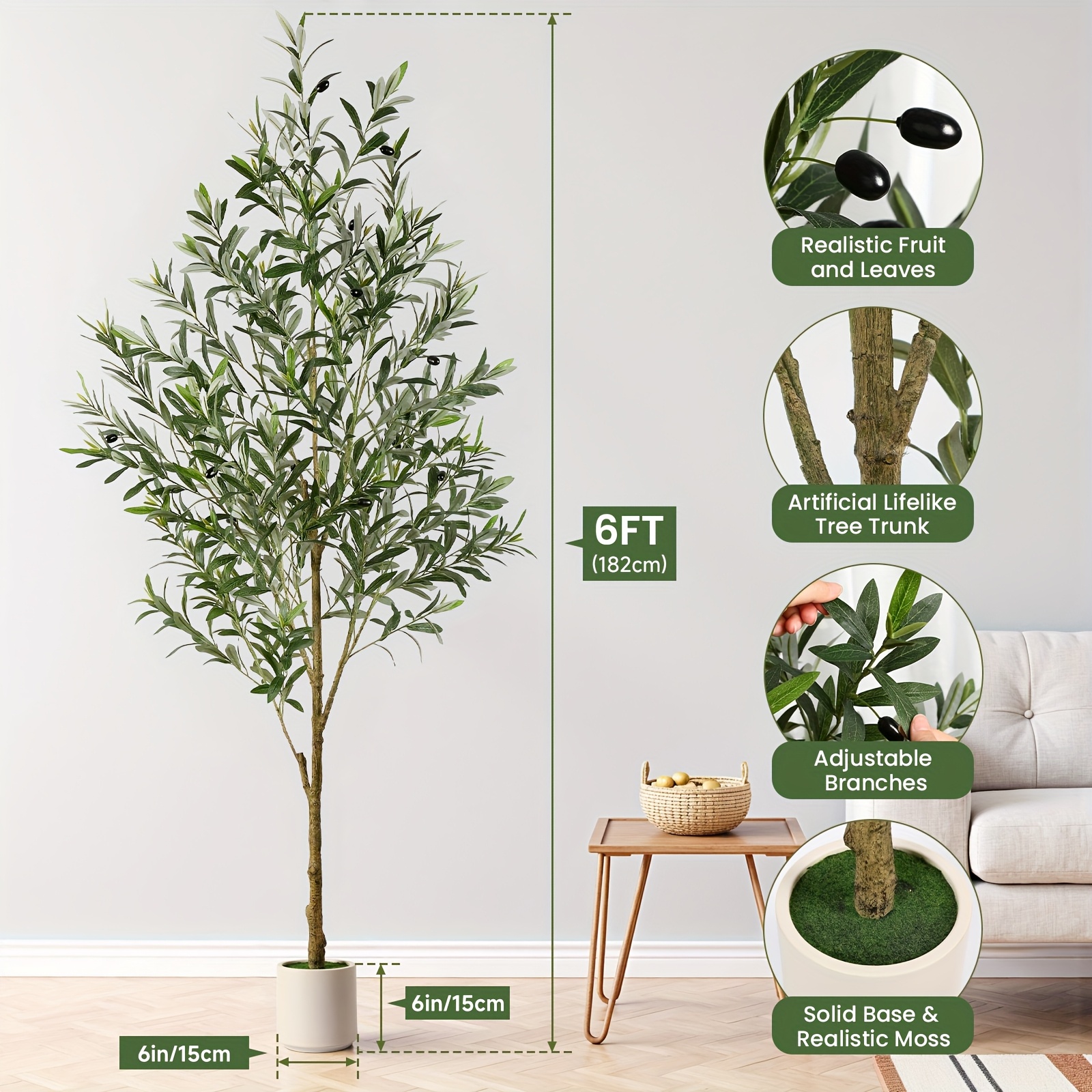 TEMU 6ft Artificial Olive Tree Silk Plant, Indoor Fake Olive Tree With Natural Wood Trunk & Lifelike Fruits, Office And Living Room Floor Decor, 6ft