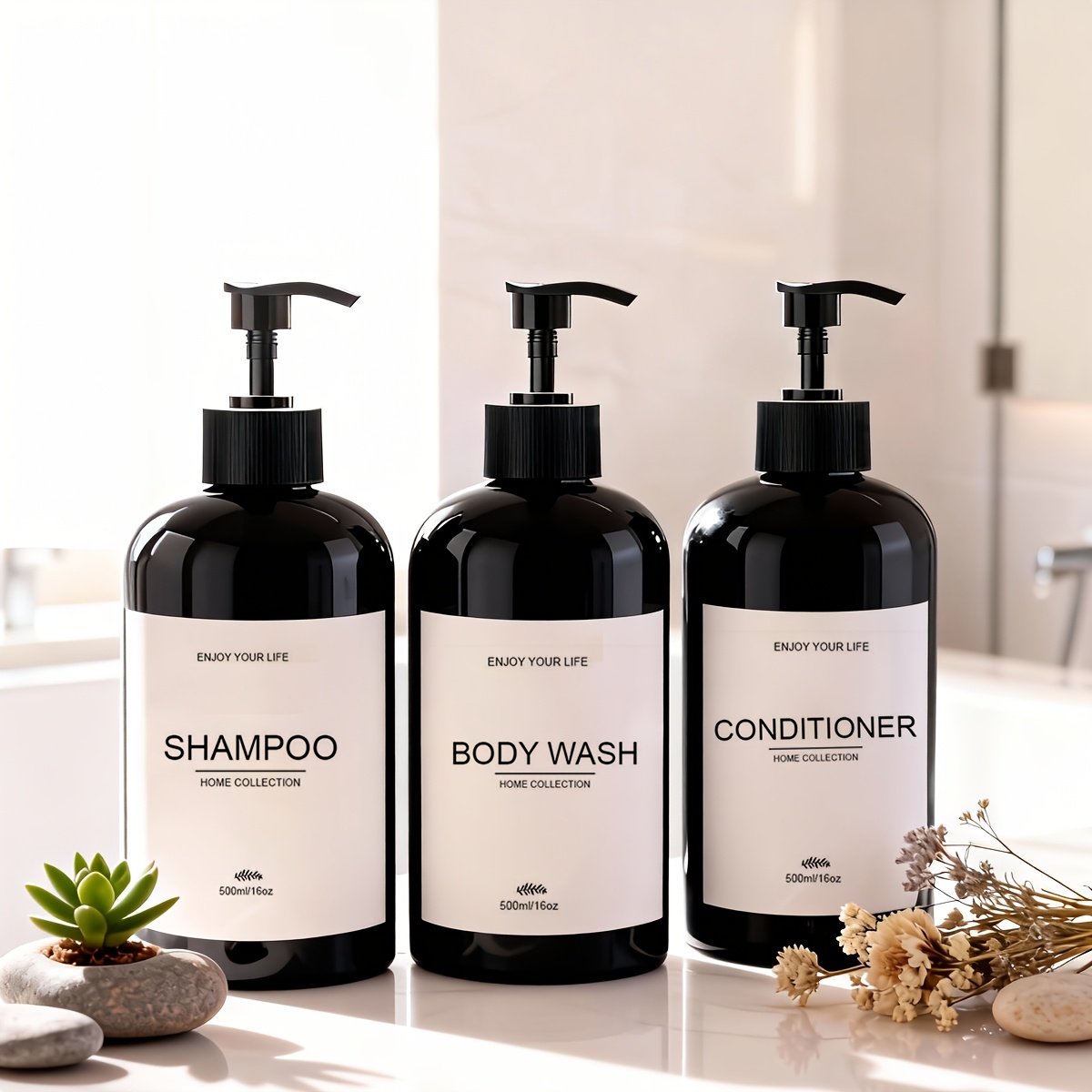Image of 3pcs Set Of 500ml Minimalist Bathroom Refillable Bottles For Shampoo, Body Wash, Conditioner, Lotion, Hand Soap, And Dish Soap