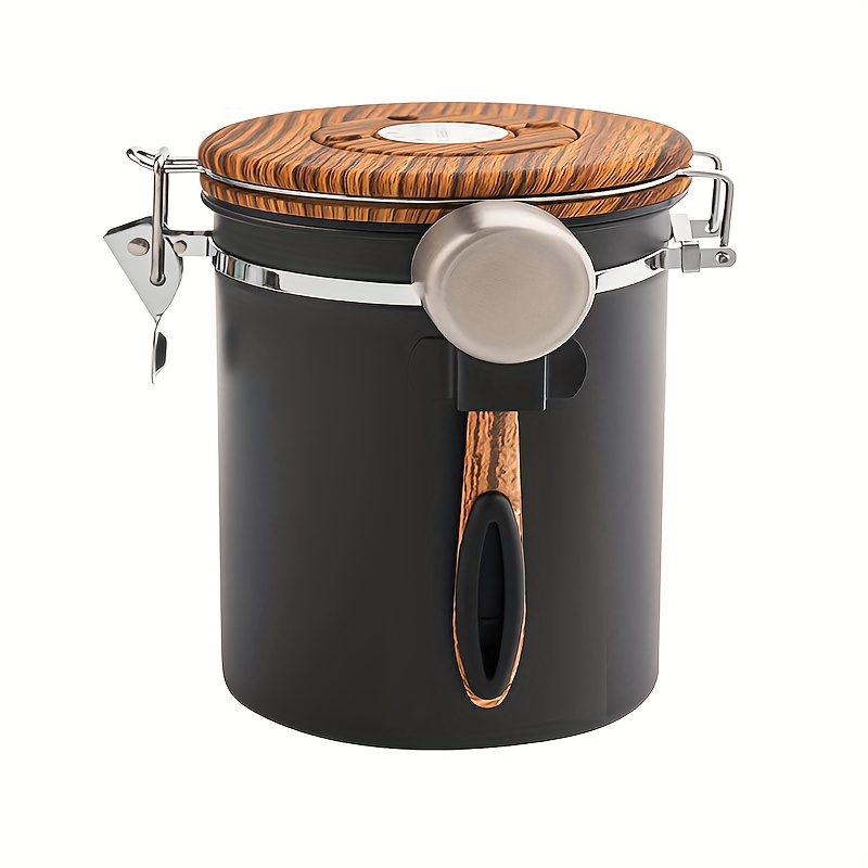 Image of 1500ml 304 Stainless Steel Coffee Sealed Tank, Coffee Bean Storage Tank, Wood Grain Cover Sealed Storage Tank With Spoon, Coffee Canister