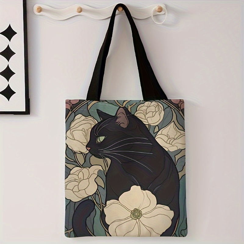 Camellia Black Cat Pattern Printed Casual Tote Bag, Reusable Fashionable Bag, Multi Functional Handbag, Printed Shopping Bag