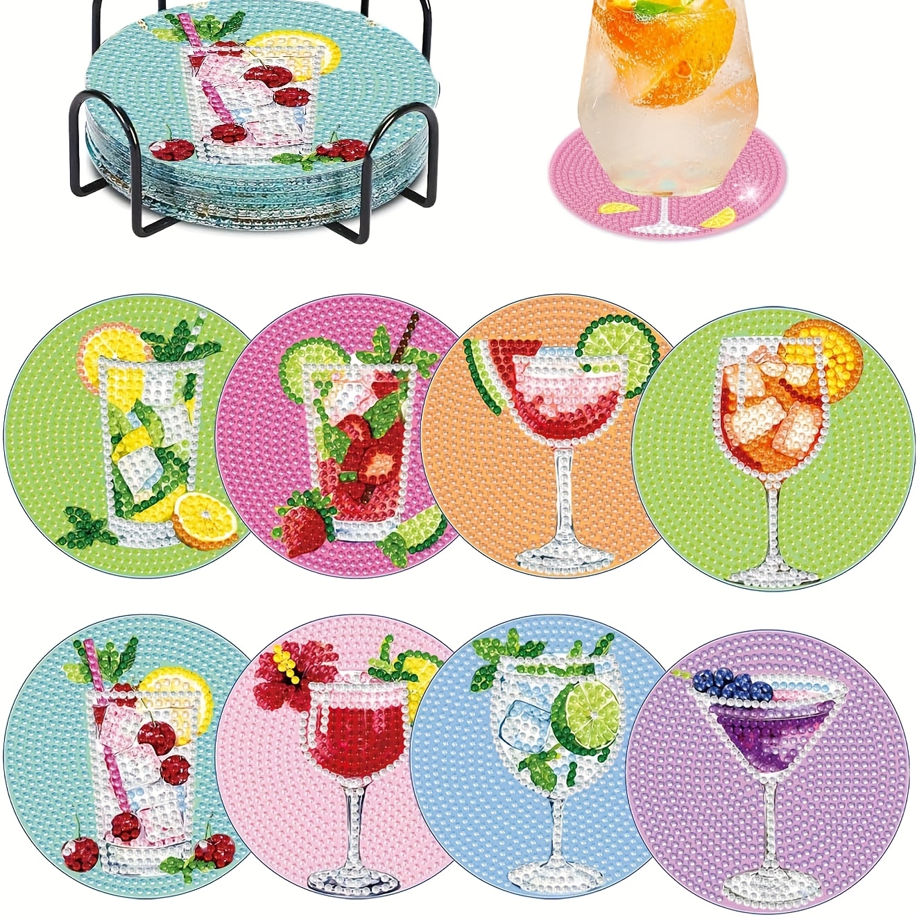 Image of 8pcs Diy Diamond Painting Cocktail Coaster Set With Wood - Sparkling Drink Coasters For Adults, 8 Color-coded Cocktail Designs (margarita, , Martini) - Party Decor, Housewarming Gifts, Drink Holders