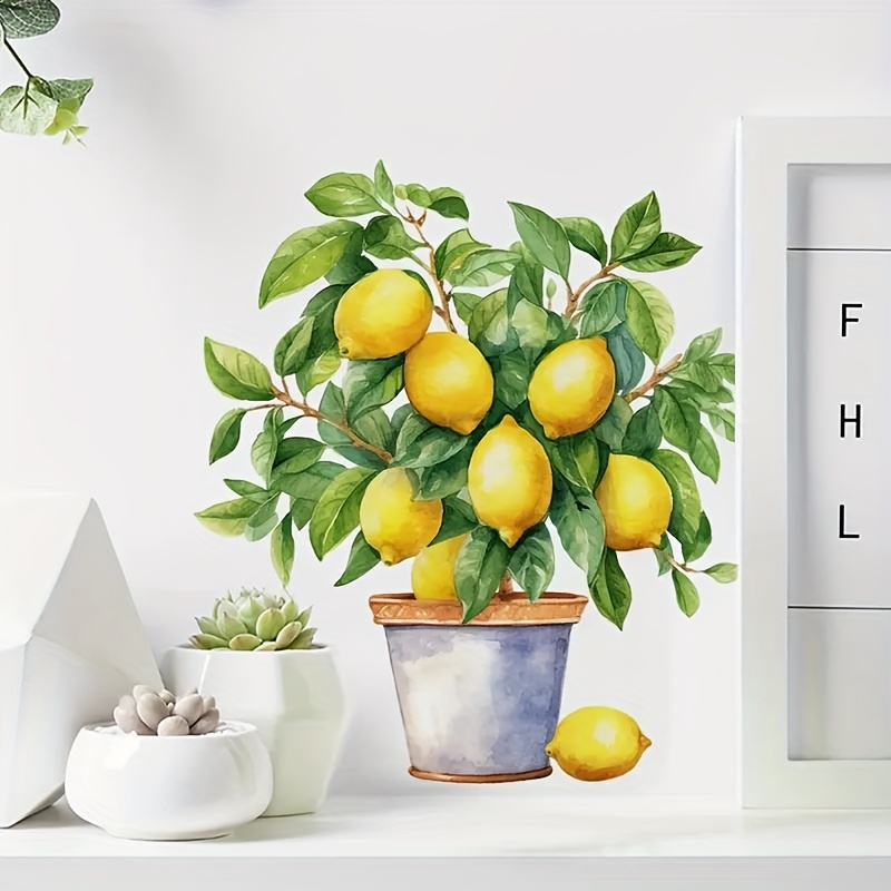 Image of 1pc Potted Lemon Tree Plant Wall Sticker, Home Wall Decal, Plant-themed With Leaf Pattern, Self-adhesive Room Sticker For Home, Living Room, Bedroom