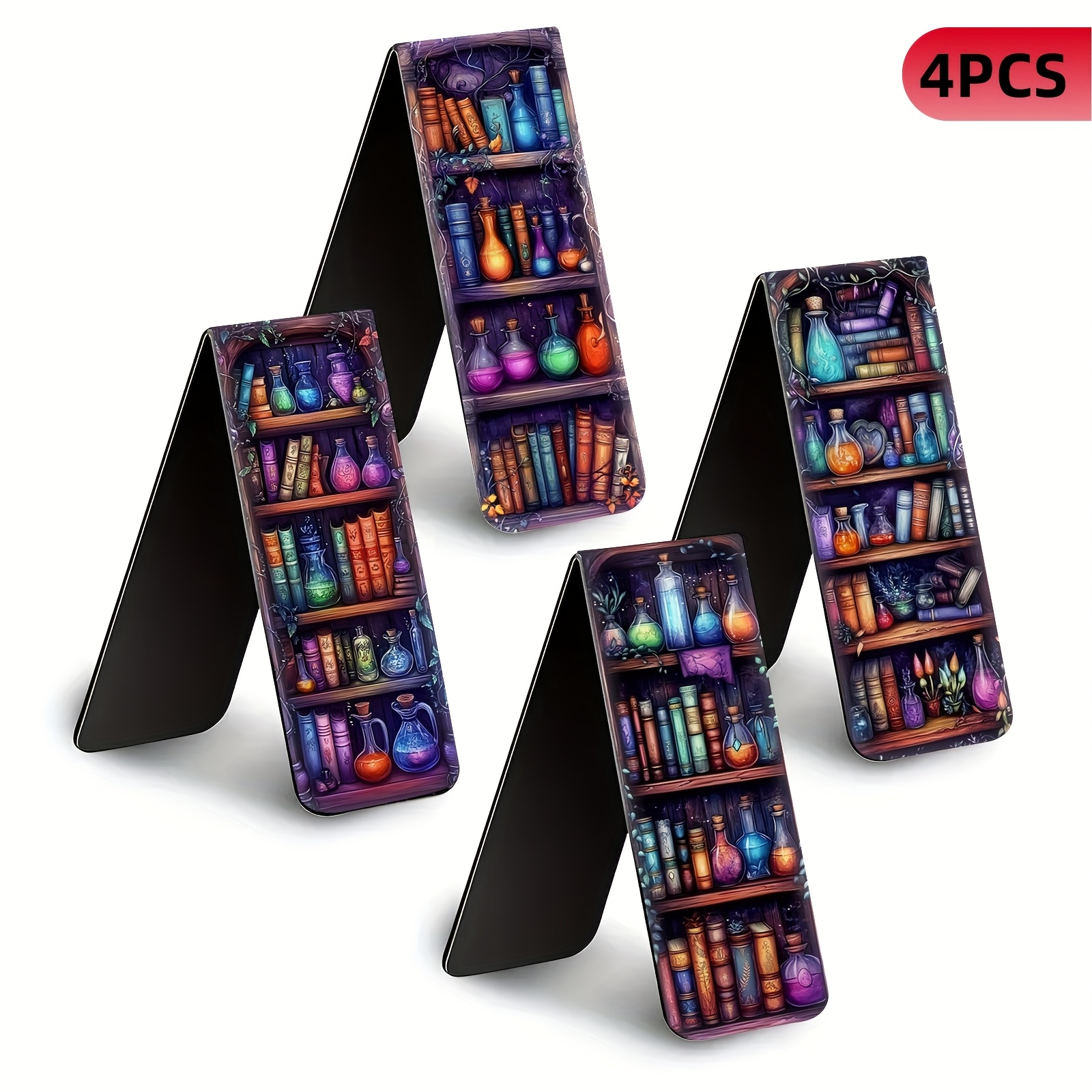 TEMU 4 Stück Magnetische Lesezeichen – Wasserdichte Faltbare Seitenmarkierer mit Zauberhafter Bibliotheksdesign, Lebendige Fantasy-Kunst – Robuste