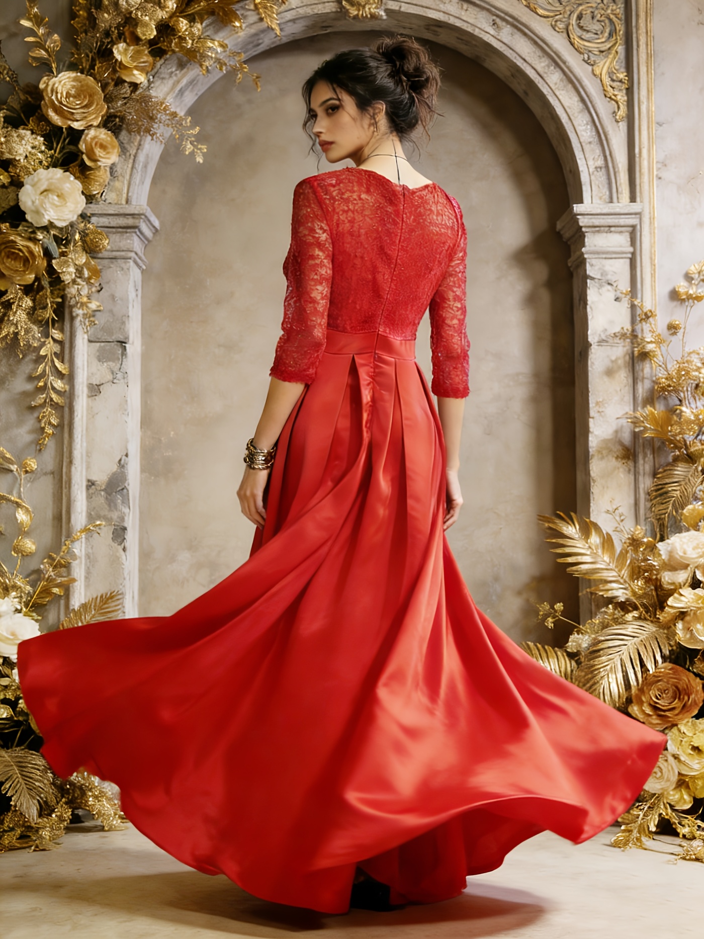 red lace quarter sleeve dress Cicinia Red Mother Of The Bride Dress Long Fold Collar 3/4 Sleeve Sequin Lace Sheath Evening Gown