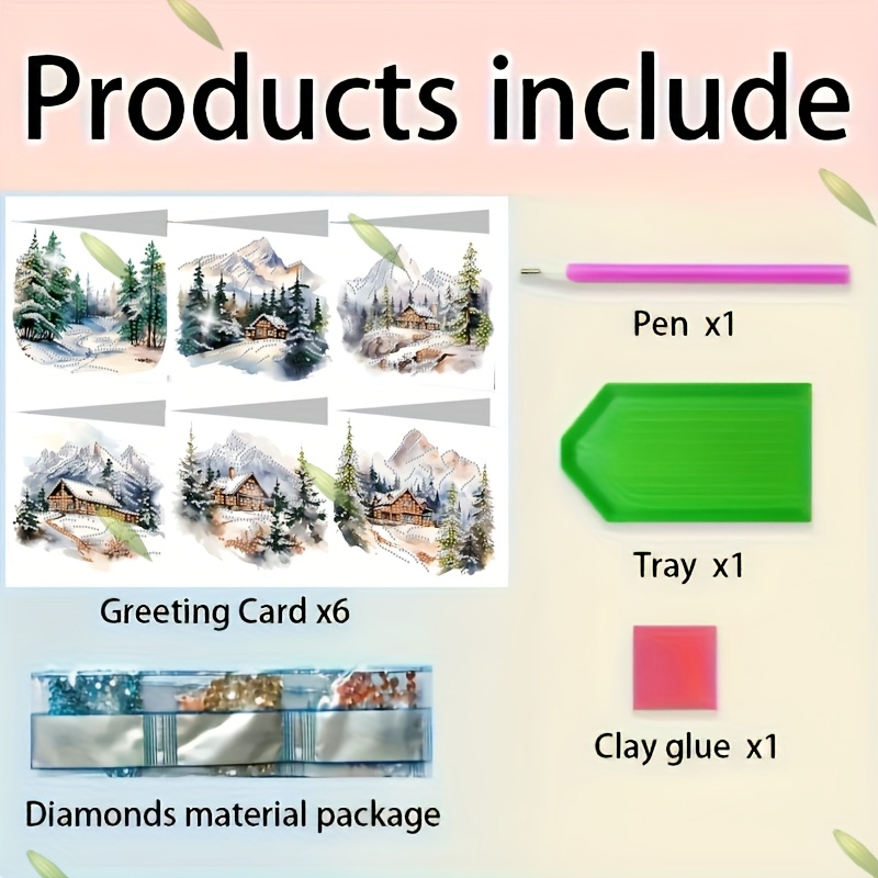 TEMU 6pcs Diamond Painting Greeting Card Set, Mountain Landscape Theme Handmade Sparkling Cards With Envelopes, Suitable For Birthday Gifts, Handmade