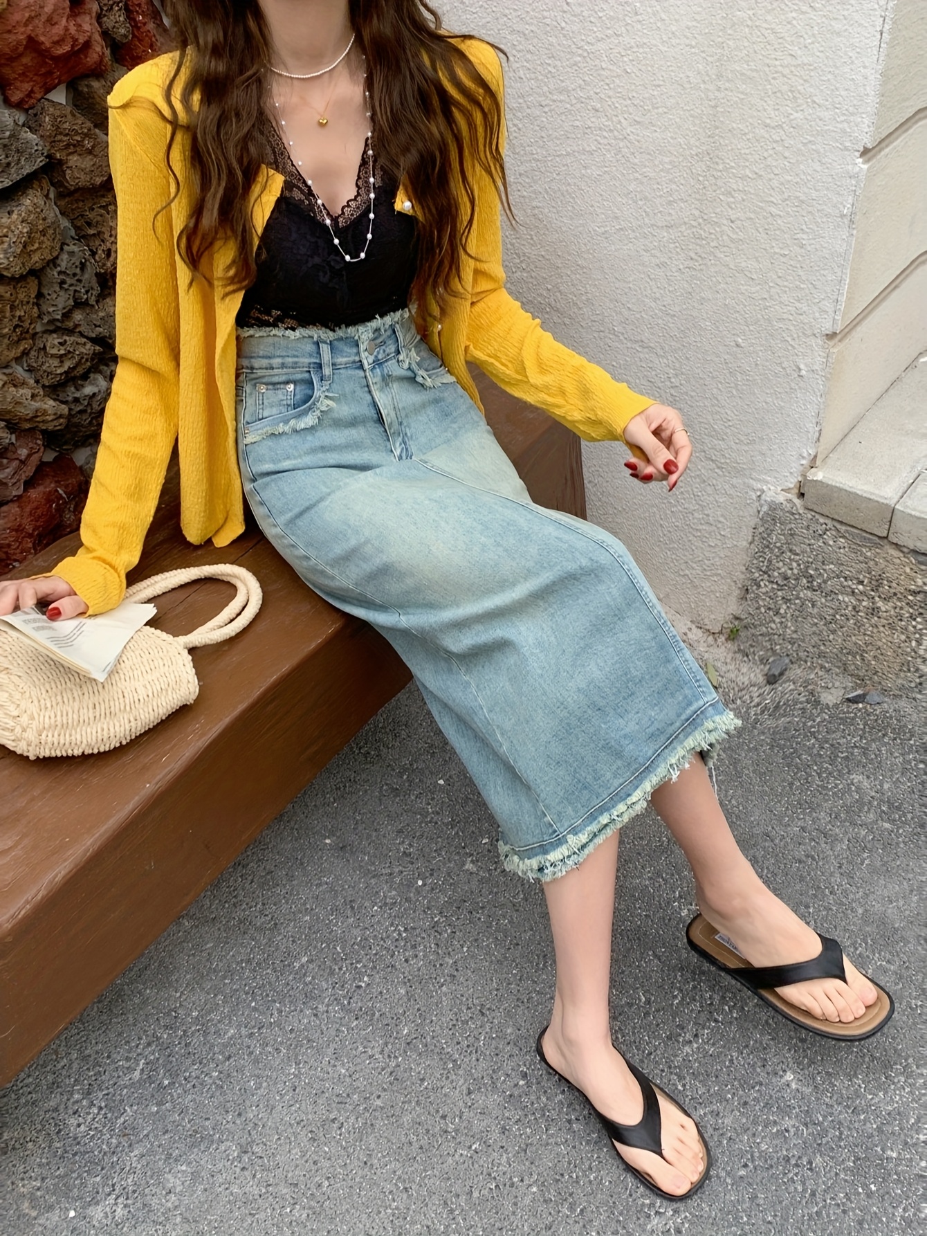 Temu High Waisted Denim Midi Skirt Women's High Waist Split Denim