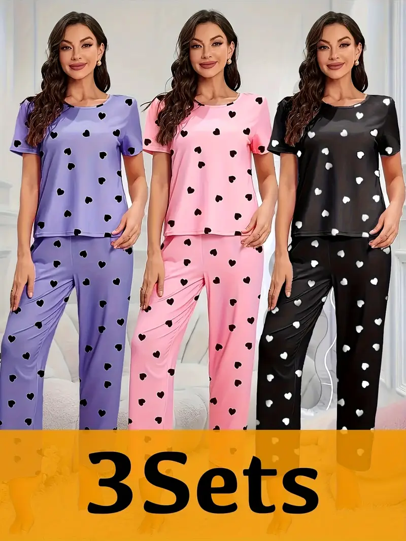 6pieces sets womens heart print pajamas set casual comfortable short sleeve t shirt elastic waist trousers pj set ladies sleepwear for Product details 0