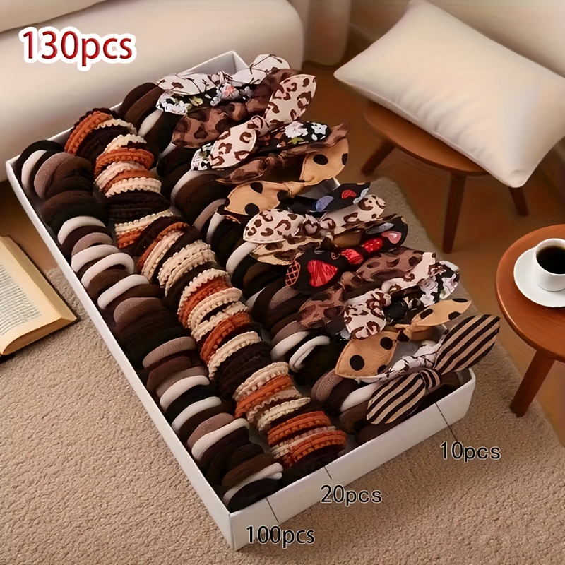 E-shop 130-teiliges Retro Hahnentritt Hasenohr Haargummi Set, Karamellbraunes Verziertes Elastisches Haargummi Stirnband, Vielseitige und Einfache Mode