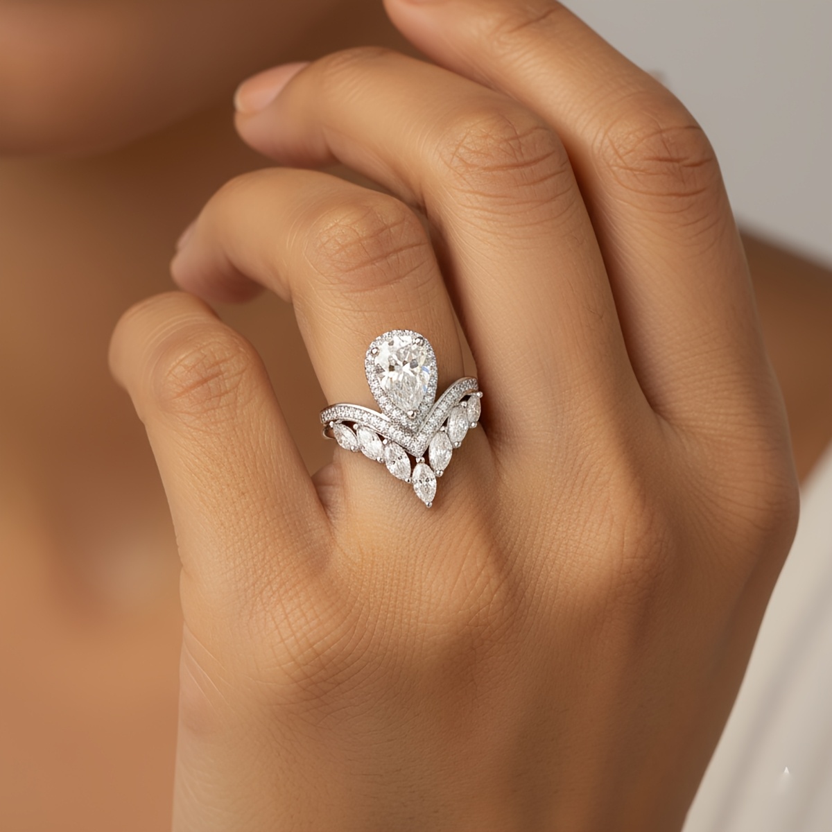 Women's Luxury Pear-Shaped Crown Ring, Plated Wedding Gift