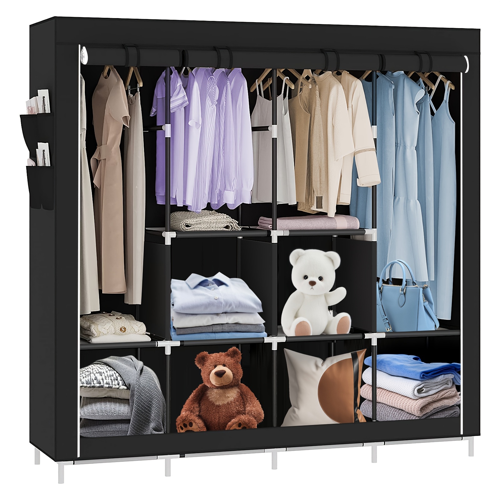 TEMU Portable Fabric Wardrobe, Clothes Storage Organizer With 4 Hanging Rods And 6 Shelves, Metal Frame, Foldable Clothes Hanger Storage Rack For