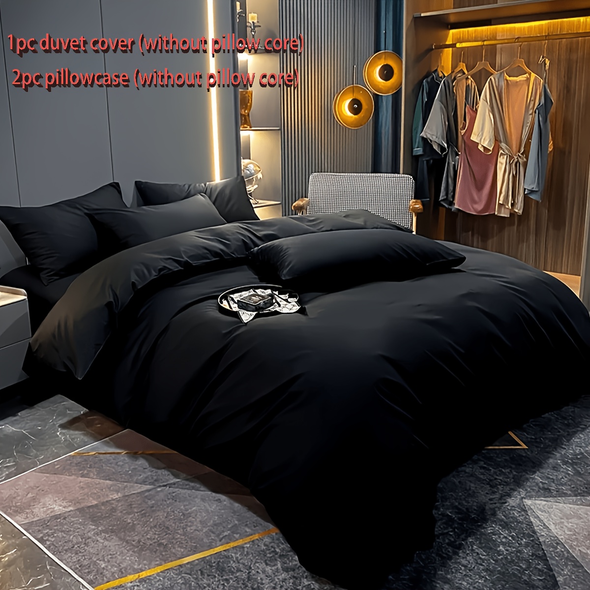 Image of 3pcs Black Bedding, Soft, Comfortable, And Breathable, Suitable For Bedroom, , And School Dormitory Decor. 1 Duvet Cover + 2 Pillowcases, Inserts Not Included