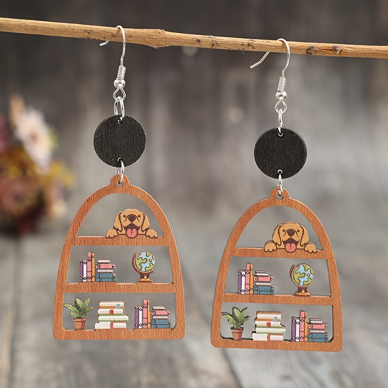 TEMU Par de Pendientes Vintage de Madera - Diseño Artesanal con Colgantes de Perro y Terráqueo, Veta de Madera Natural, Pendientes Ligerísimos para