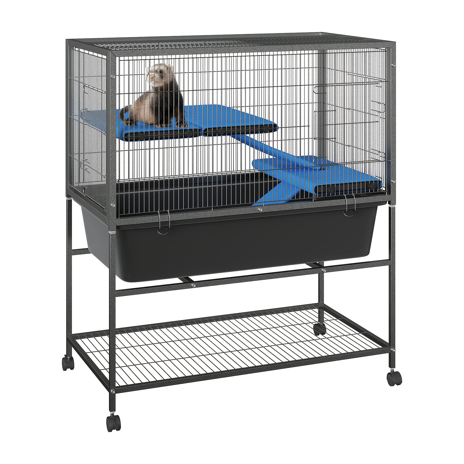 Ferret Cage, Large Cage With 2 Removable Ramps, Metal Small Animal Cages On Wheels For , Guinea Pigs, Rabbit, Sugar Glider (grey ), 88* 48* 102cm