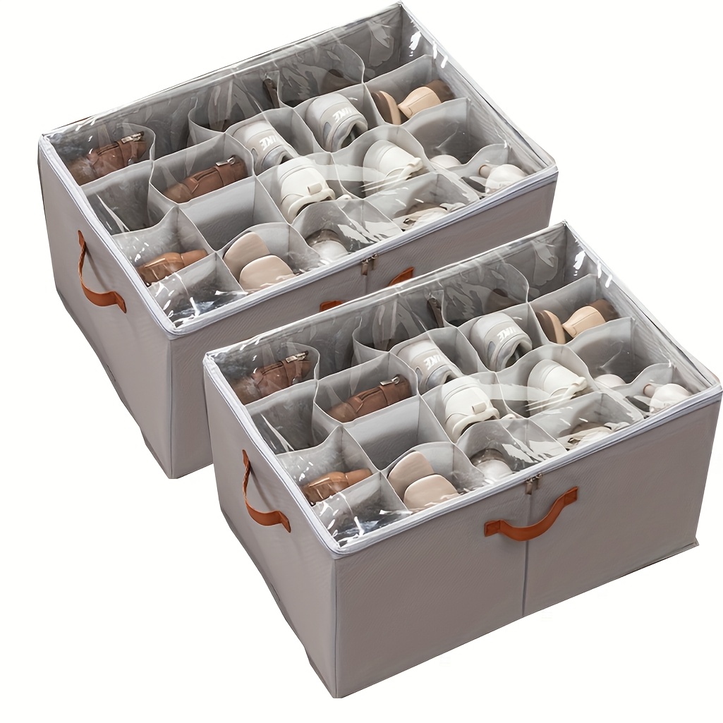 TEMU 2pcs Large-capacity 12-pair Shoe Organizer, Thickened Transparent Foldable Storage Bin Featuring A Reinforced Base Plate And Lid Design, Large