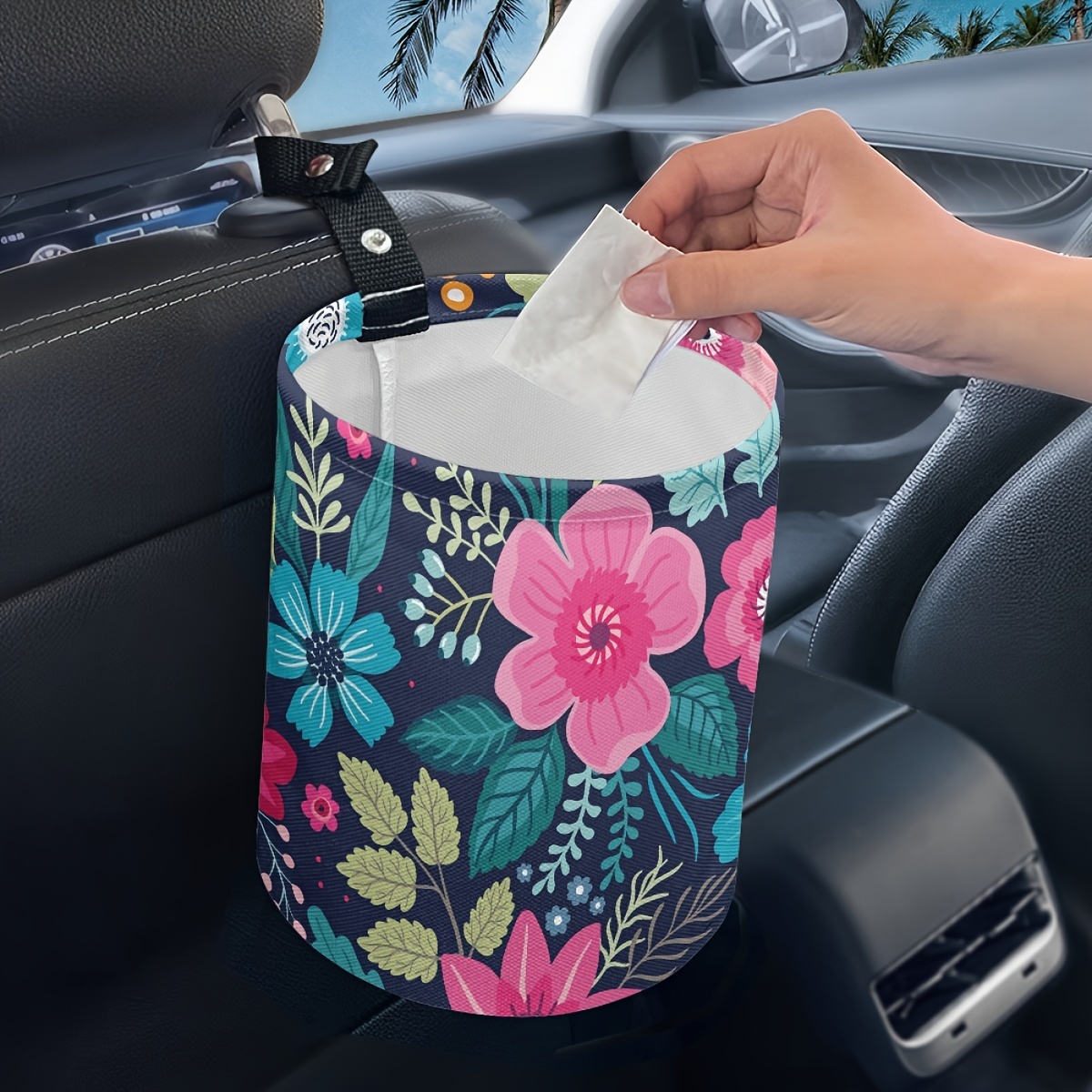 

1pc Beauty Flowers Pattern Car Trash Can - Trash Bin For Kitchen Camping, Car Interior Accessories For Women, Car Garbage Organizer, Car Decor