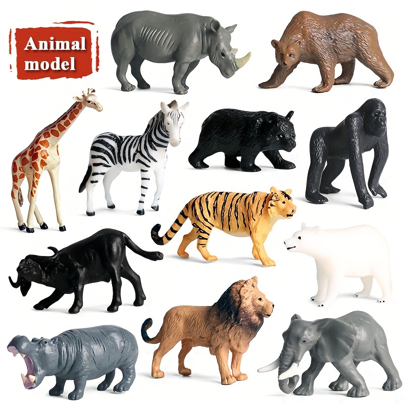 

12pcs Mini Figurine Set - Lion, Tiger, Buffalo, Elephant & Brown Bear - Pvc Educational Toys For Learning And Play