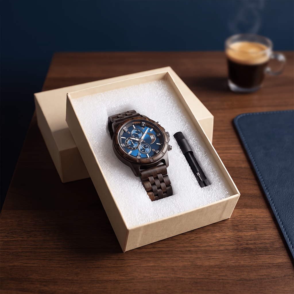 Image of Men's Wooden Watch + Watch Box + Watch Strap Adjuster Men's Quartz Watch Timer, A Good Halloween, Christmas, Daily Father's, Gift