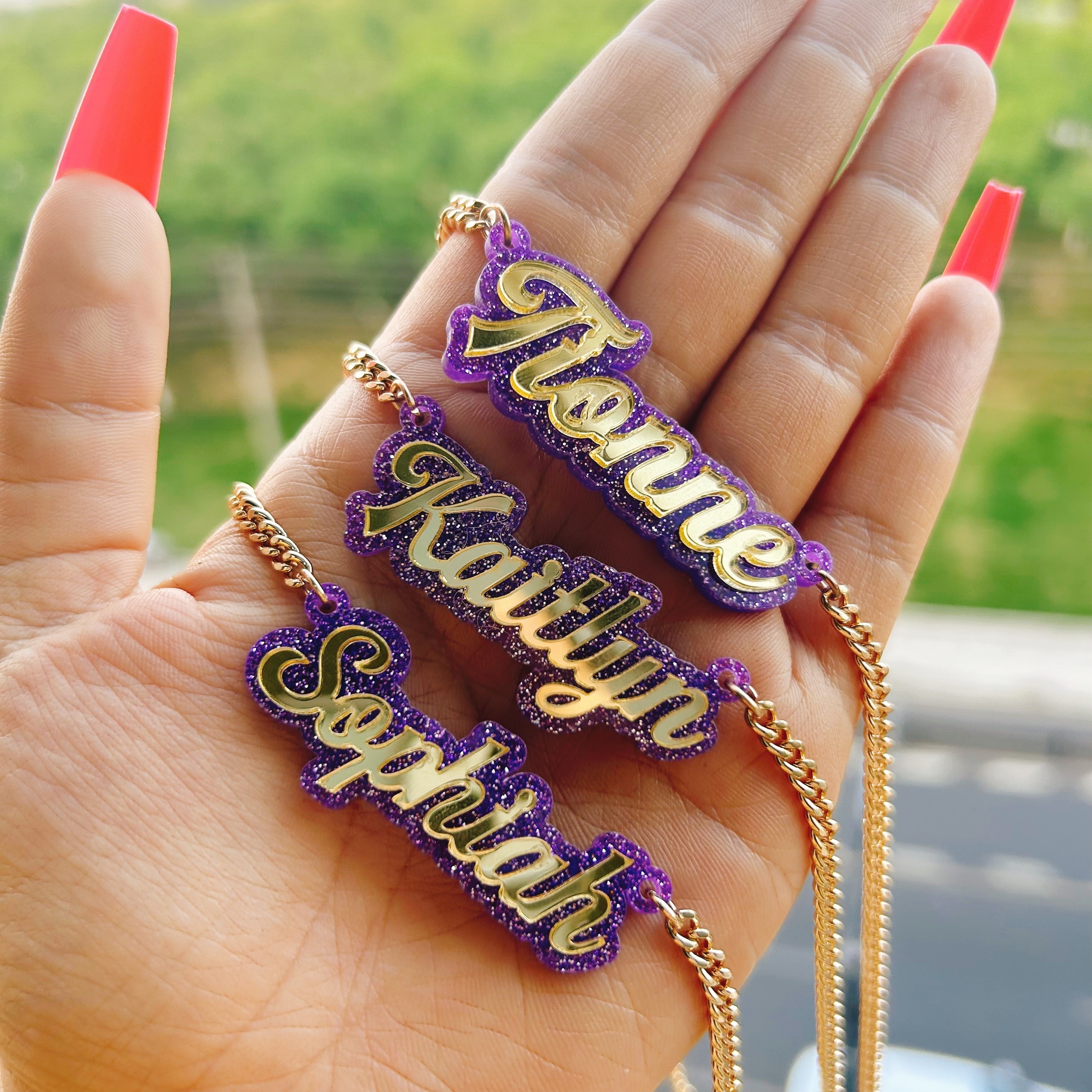 

Personalized Double Acrylic Glitter Purple Mirrored Golden Name Pendants - Custom Birthday Gift - Women's Fashion Jewelry - Necklaces - Holiday Christmas - Year-round Wear