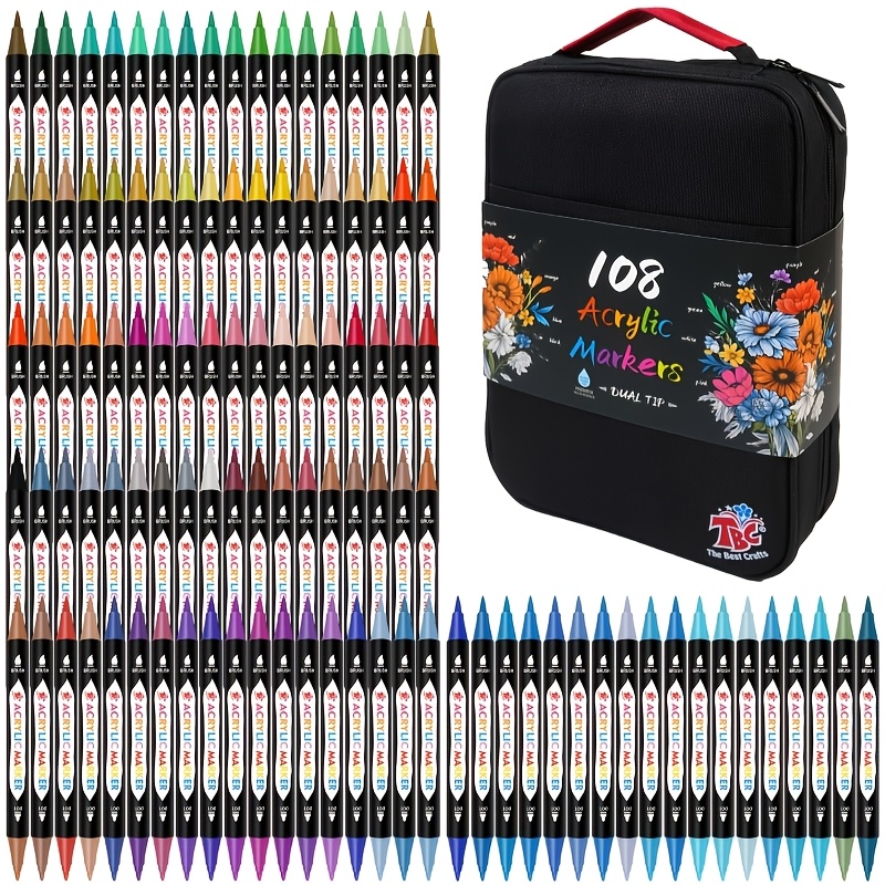 Image of Tbc The Best Crafts 48/108 Dual Tip Calligraphy Pens, Double Zipper -grade Canvas Bag, Non-toxic, Odorless, Suitable For Paper, Pottery, Stones, Glass, Outdoor Painting, For Professional Artistic Use