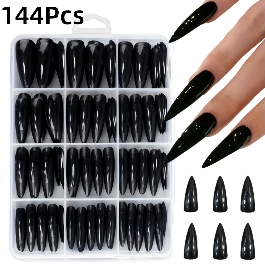 TEMU 144 Pezzi Unghie Finte a Lunghe, Set Unghie Nere Lucide, 12 Misure per Donna, Uso e Feste, Accessori Unghie, Stile e Versatile, Moda Gamma con