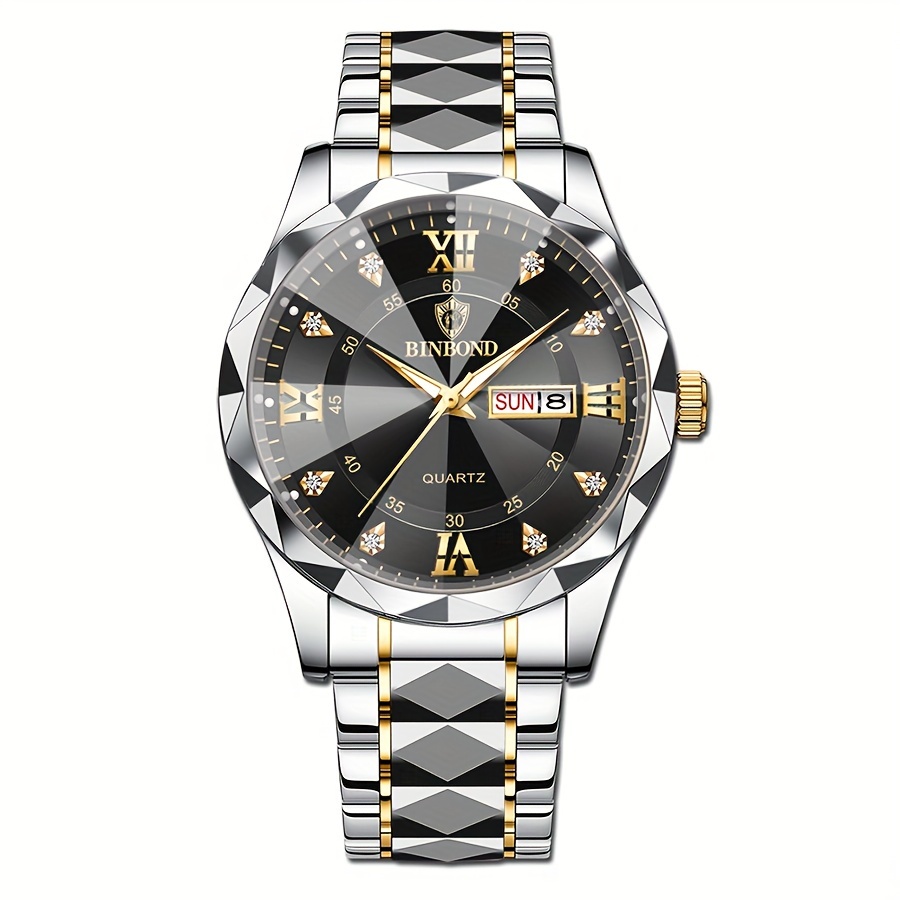 1pc Binbond Men's Business Watch, Stainless Steel Quartz Movement, Round Zinc Alloy Case, Luminous Dual Calendar, Battery Powered with Electronic Drive