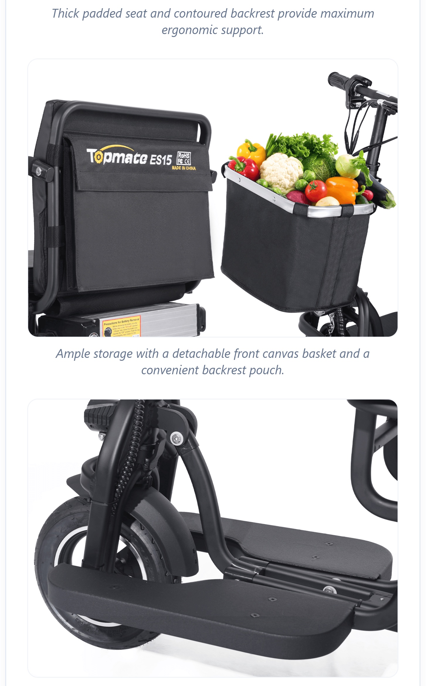 3 wheel electric scooter for seniors, 500w dual motor lightweight folding mobility trike, 300 lbs capacity, airline approved removable battery for travel Product details 9