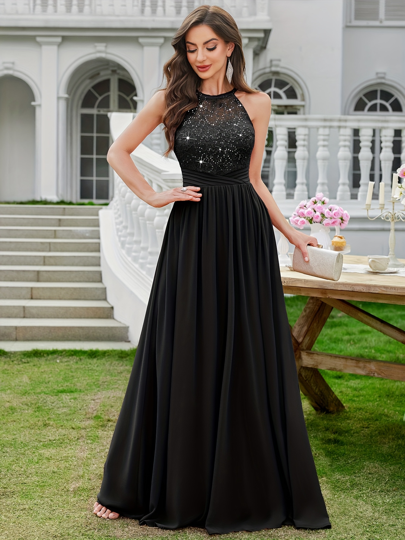 24447a elegant womens halter sequin lace maxi dress - Temu