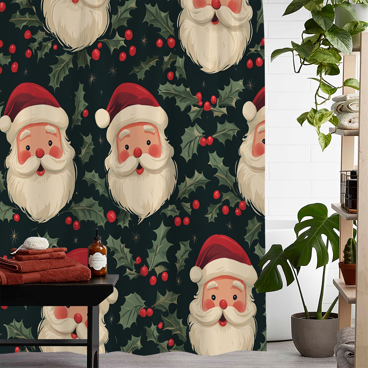 

Water-resistant Polyester Shower Curtain With Vintage Santa Claus And Green Leaves Print, Machine Washable, Includes 12 Hooks, Artistic Christmas Theme Decor