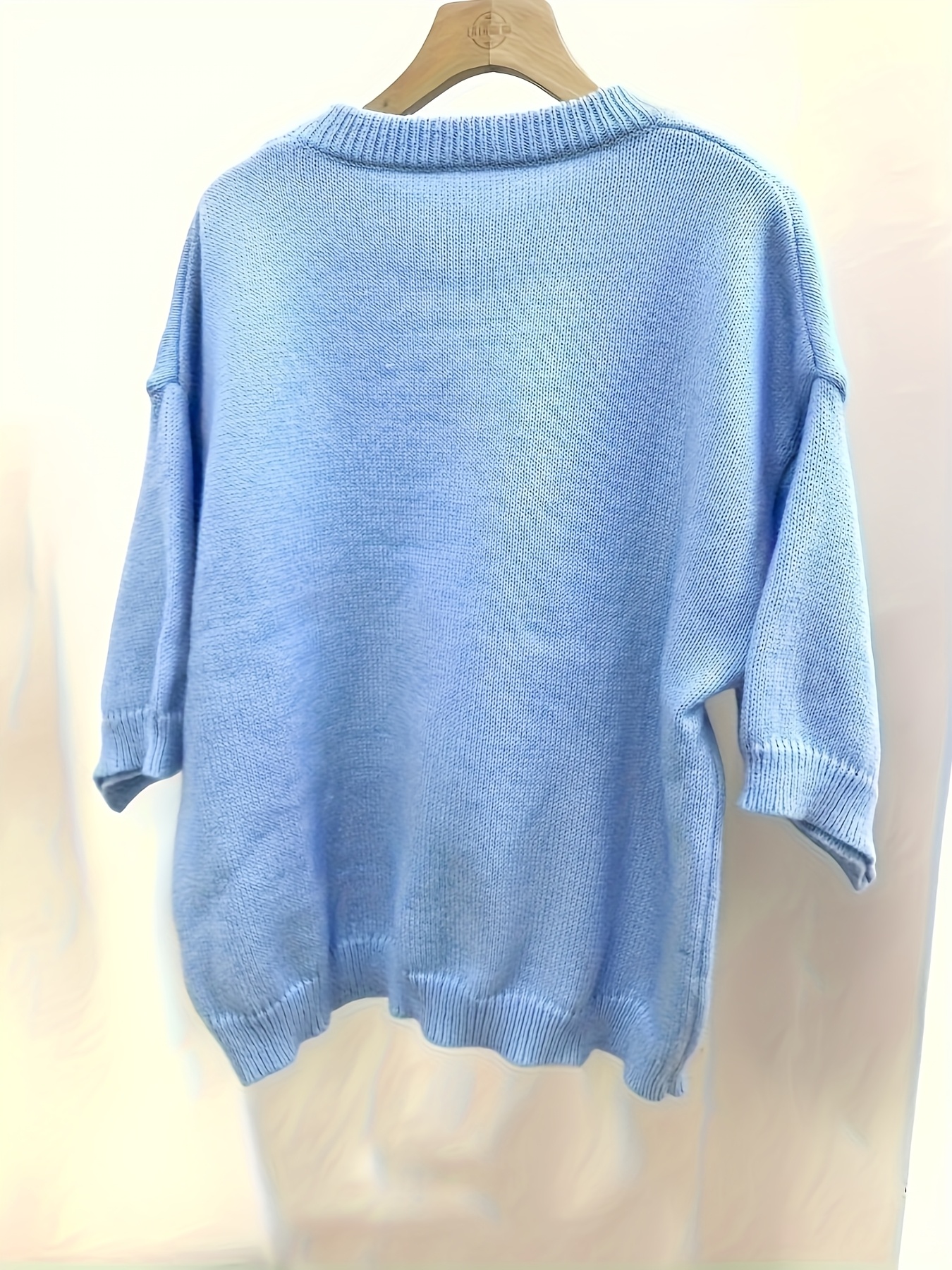 womens stylish blue sweater cozy crew neck ribbed texture Temu