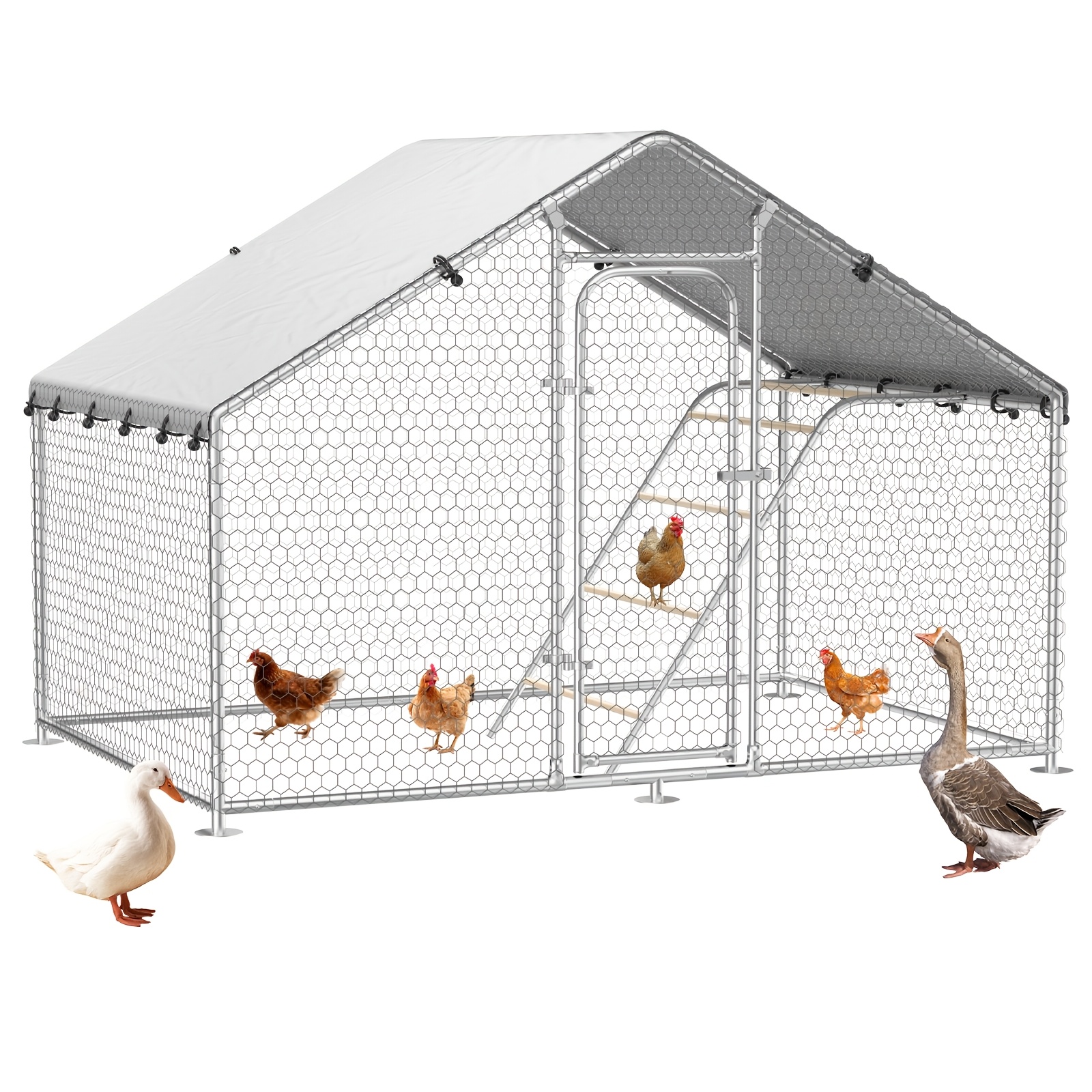 9.9x4.9x6.4ft Large Walk-in Animal Enclosure, Outdoor Metal Poultry Run With Cover And 5-tier Perch, Ideal For Chickens, Ducks, Geese, Goats, And Small Livestock
