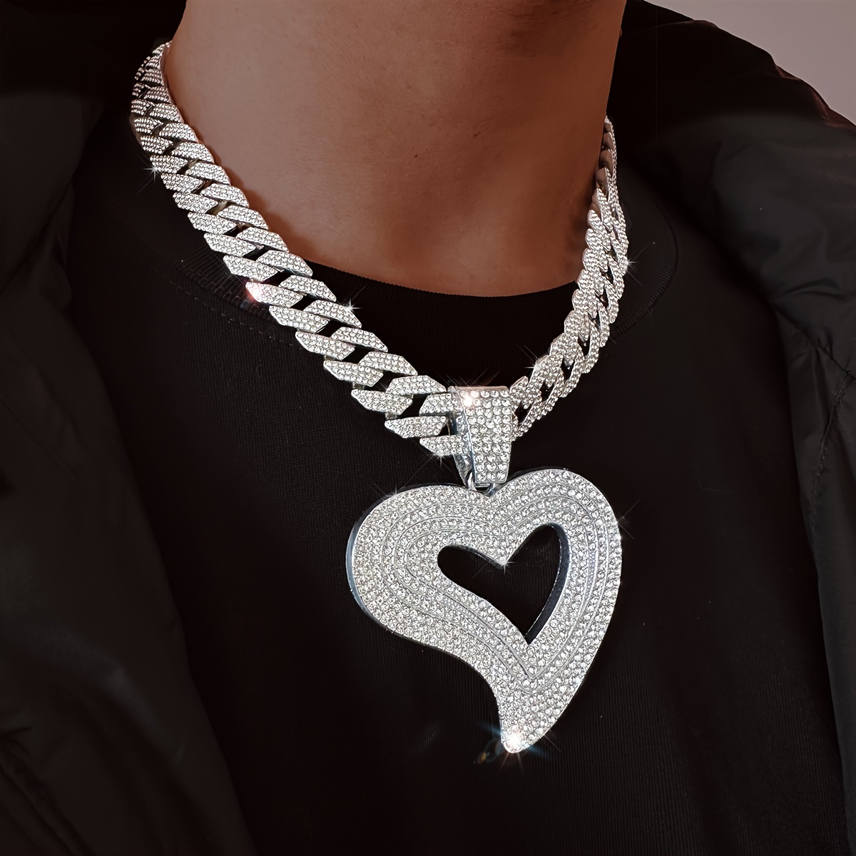 

Iced Out Bling Large Hollow Heart Pendant Necklace Full Paved Fashion 5a Rhinestones 3 Row Cuban Link Chain Luxury Jewelry For Women Men