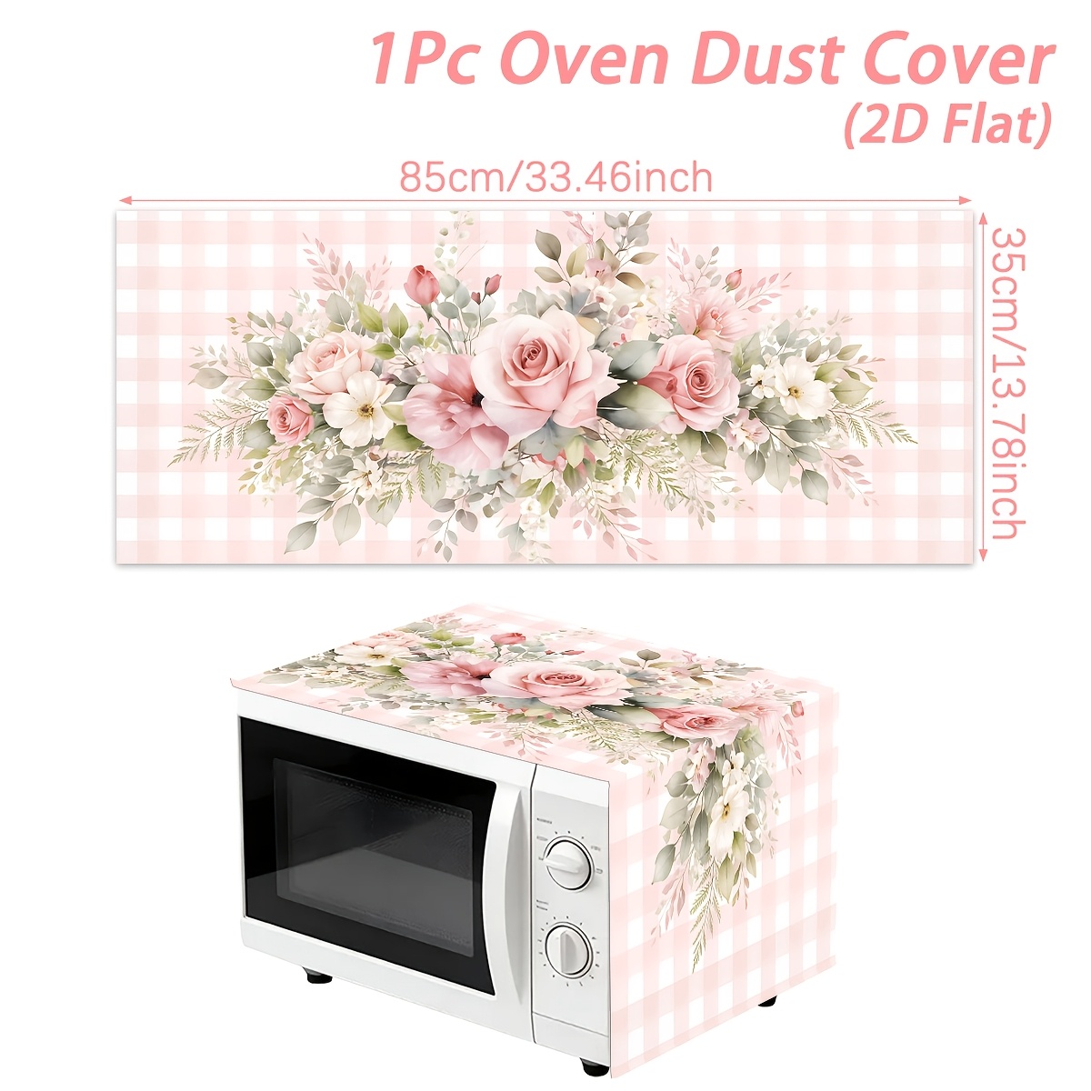TEMU 2d Flat, 1pc, Pink Floral Oven Dust Cover, Pink Plaid And Floral Pattern Microwave Cover, Modern Kitchen Decor, Suitable For Microwave, Stove &