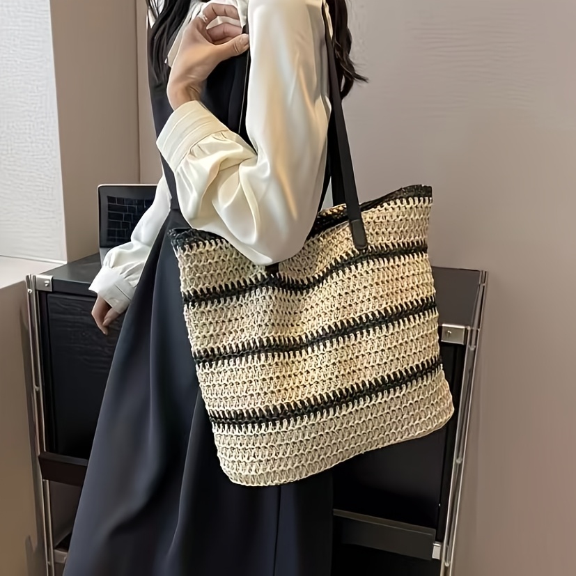 TEMU Borsa a a righe intrecciate, borsa da spiaggia boh矇mien per vacanze, borsa a tracolla da donna , borsa tote in paglia di grande capacit�, borsa