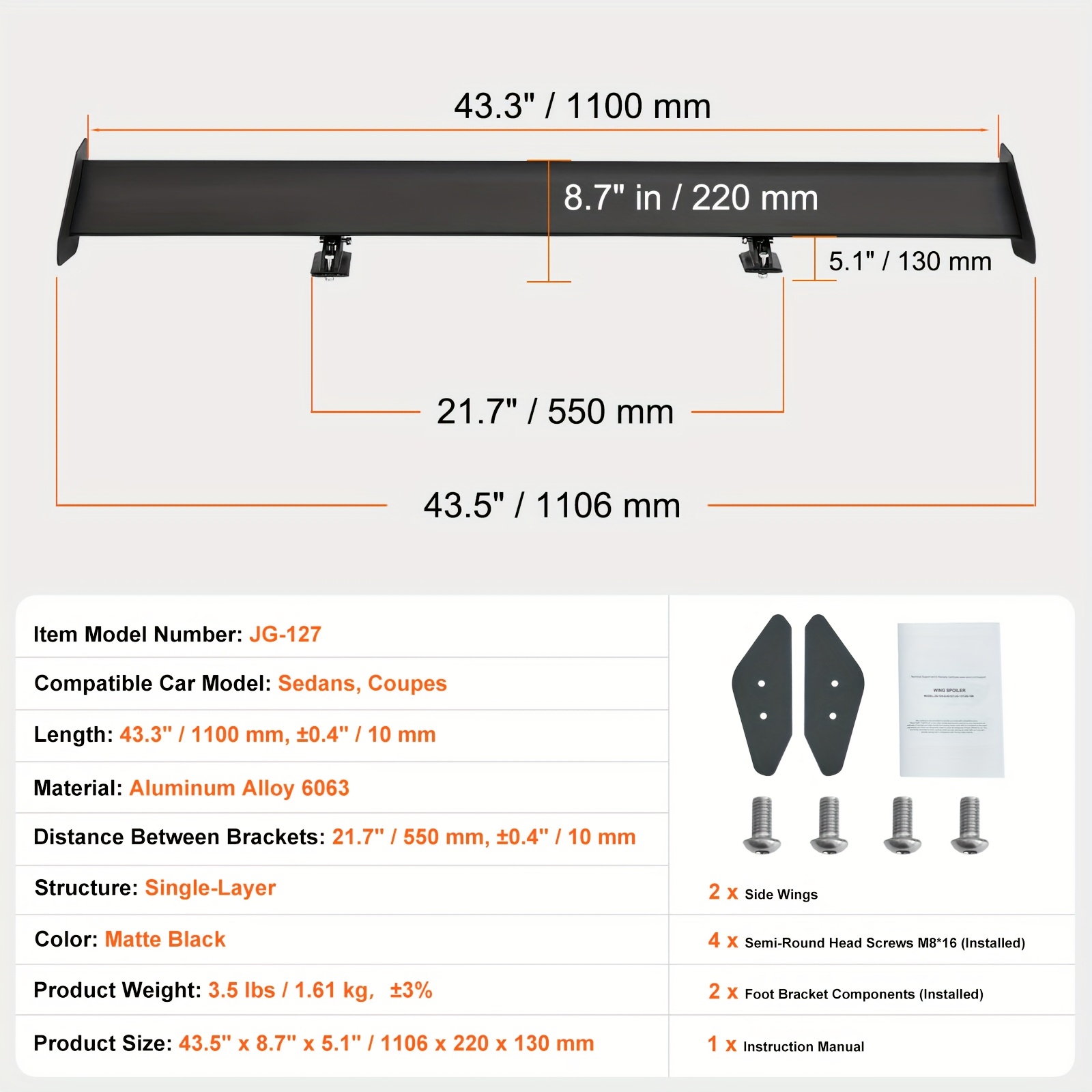 TEMU Happybuy Gt Wing Car Spoiler, 43.3 Inch Universal, / 53.1 Inch Universal, , Adjustable Lightweight Aluminum, Racing Rear Spoiler, Jdm Drift, Black