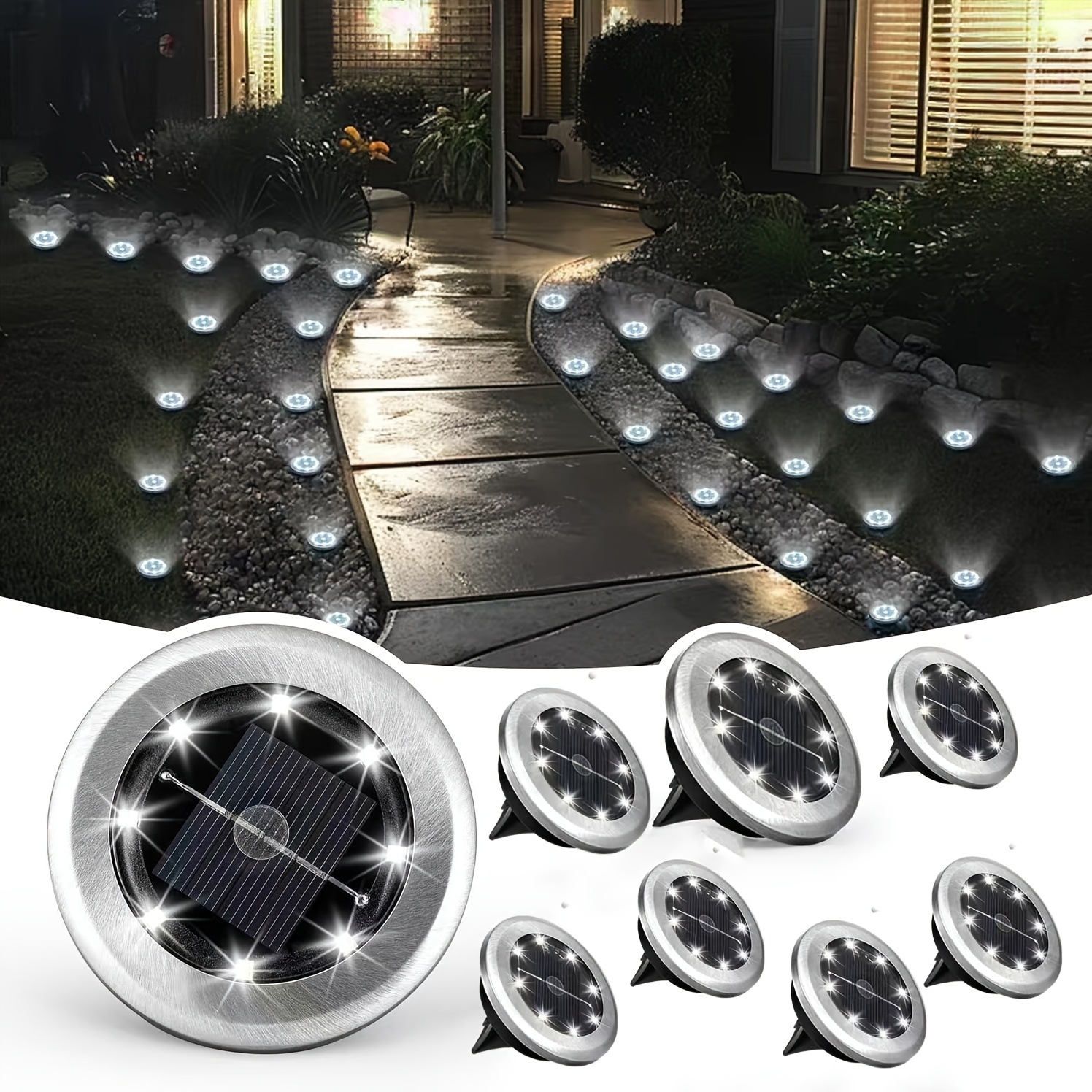 TEMU Set Of 8 Solar-powered Stainless Steel Buried Lights, Featuring 8 Warm White Leds, Ideal For Outdoor Use In Gardens, , Swimming Pools, Weddings,