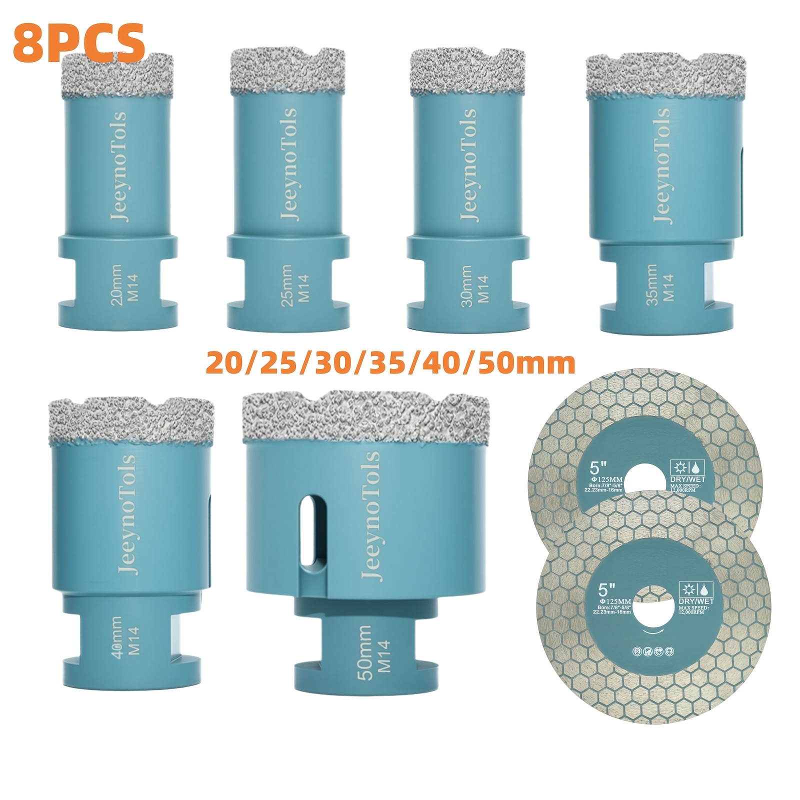 8pcs Dry Diamond Drill Bit Set, 20/25/30/35/40/50mm Drill Bits &2pcs 125mm Diamond Circular Saw Disc With M14 Thread, Tile Bit Tile Tools Tilesaw Saw Blade, Drill Bit Set Sharpener, , Core Drill