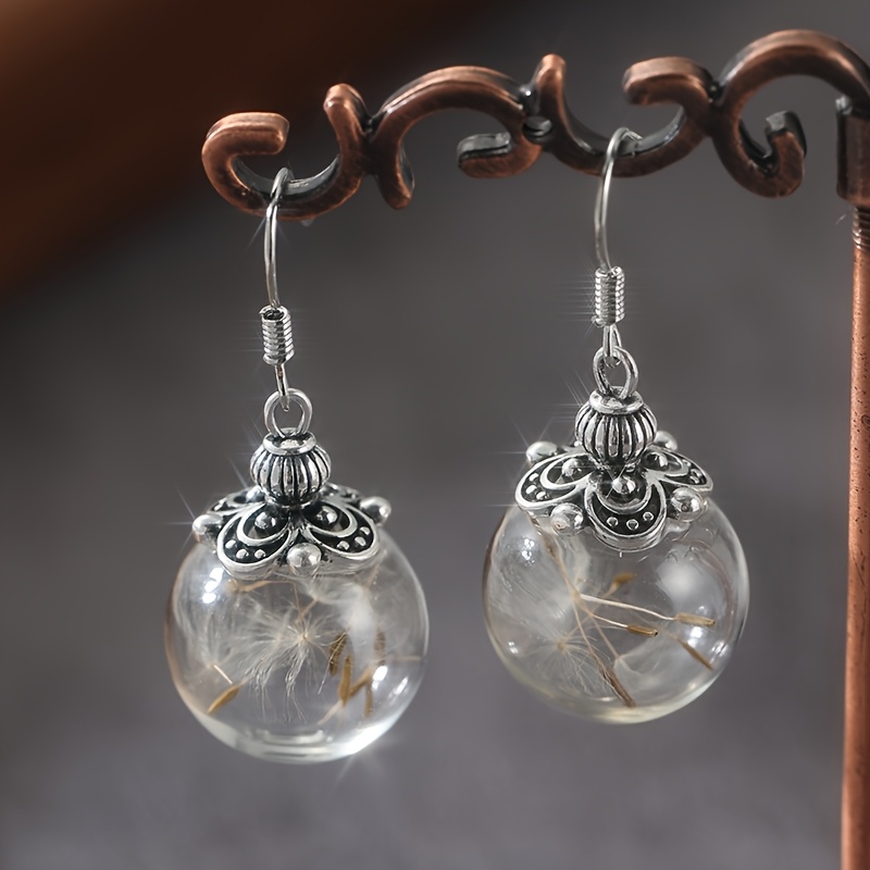 Image of Retro Ethnic Style, Teardrop Shaped Transparent Glass Industrial Dandelion Earrings, Innovative And Unique Women's Pendant Earrings, Party Gifts