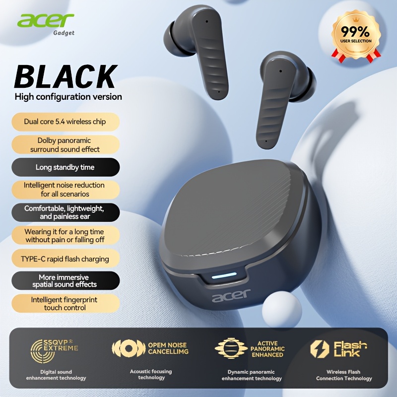 Acer Gadget , Wireless 5.4 Chip Lag-free Connection, Audio And Panoramic Sound, 20h Playtime, Intelligent Noise Reduction, L/m/s Ear Tips
