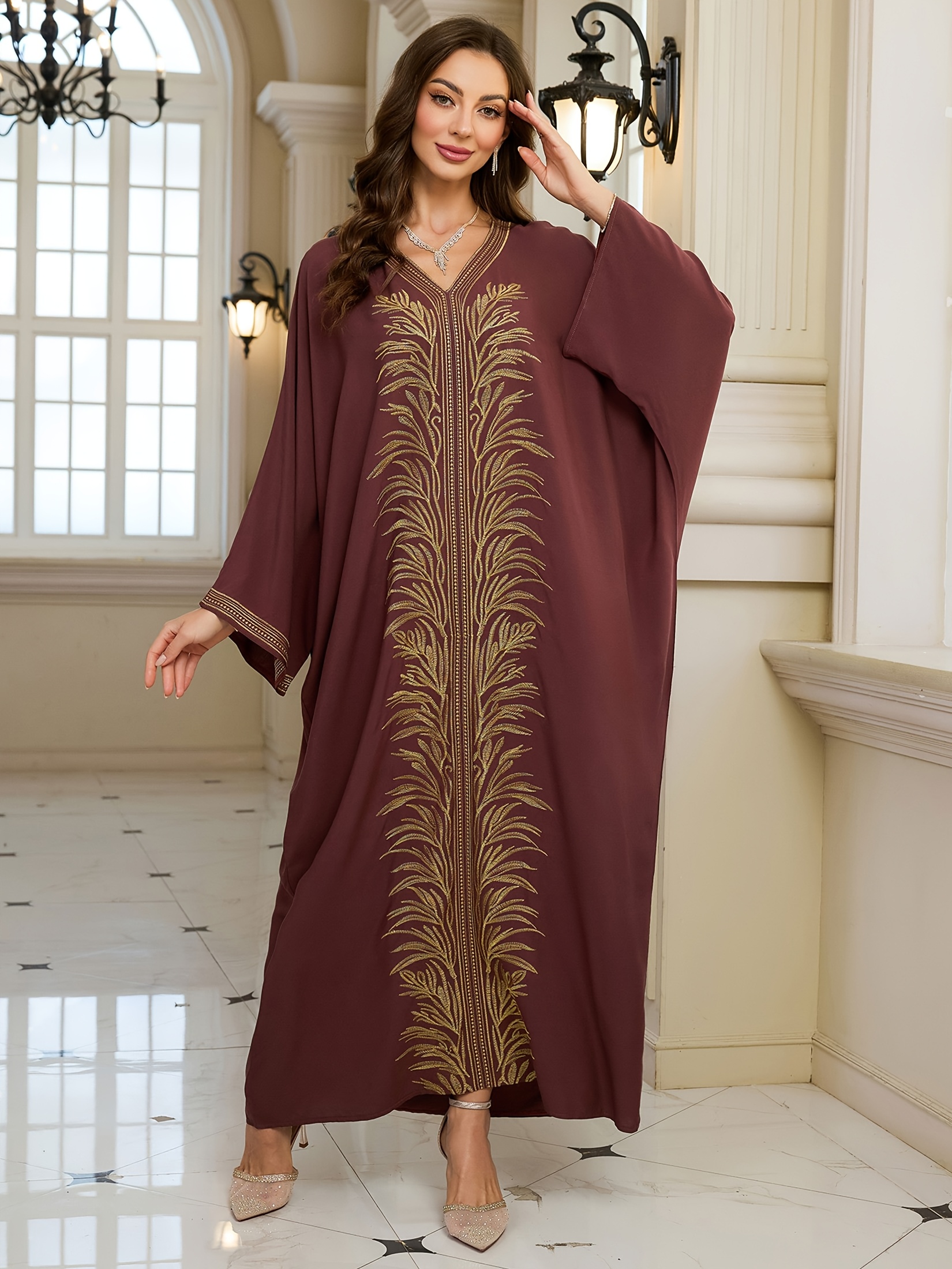 golden embroidered v neck long sleeve maxi dress - Temu Oman