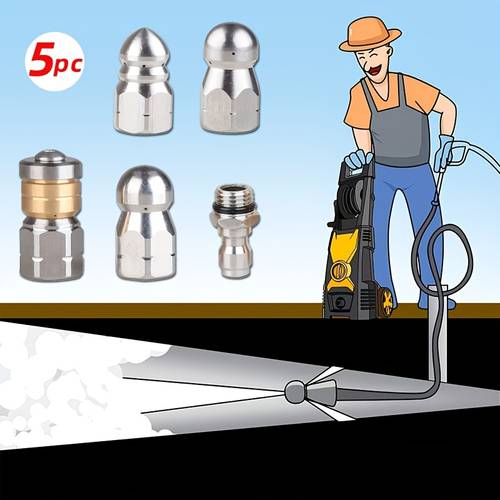 5 stuks roestvrijstalen hogedrukreinigingsmondstuk, geschikt voor rioolreiniging, maakt gebruik van een puntig roterend hoekslagontwerp, drukweerstand tot 5000 psi, uitgerust met 1/4 inch interface