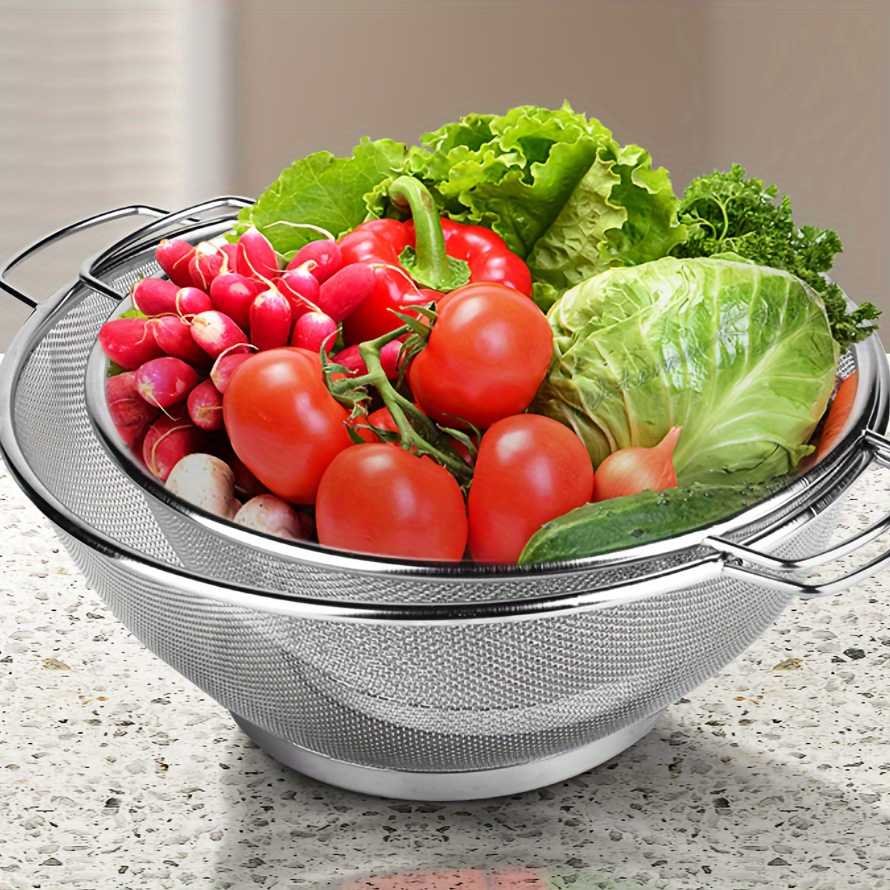 

2pcs Stainless Steel Mesh Strainer Set With Handles - Kitchen Colander For Draining Rice, Pasta, Fruits, And Vegetables