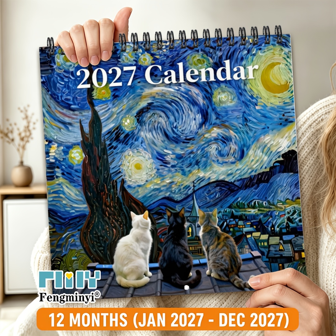 TEMU 2d Flat 1pc 2027 Wall Calendar, 2027 Square Spiral Wall Calendar, 12-month Planner, Van Gogh-inspired Starry Cat Art, Habit , Font, Us Holidays